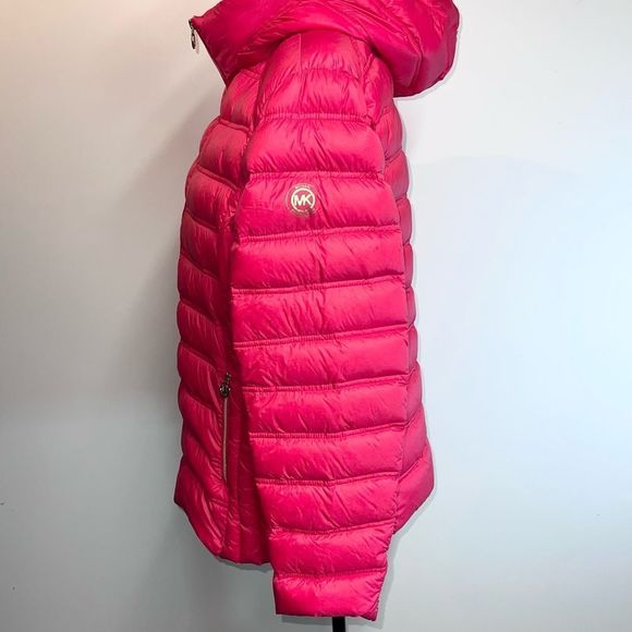NWOT Michael Kors Red Puffer Packable Down Gold Logo Hooded Jacket Womens Sz XL - Picture 6 of 9